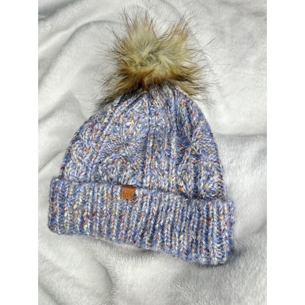 David & Young Hat Cap Beanie OS Blue Speckled Knit Faux Fur Pom Womens Winter